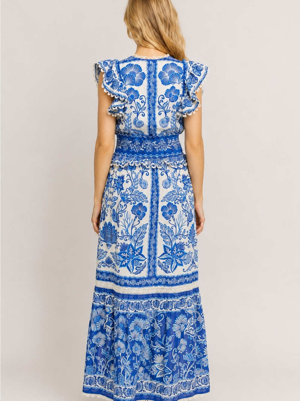 FARM Rio Shell Garden Maxi Dress Blue Floral XS Cotton Smocked 25787 - Picture 3 of 16